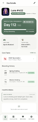 Doe detail with breeding history and gestation progress